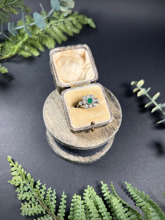 Vintage 18 Carat White Gold Emerald Diamond Square Cluster Ring, Circa 1940