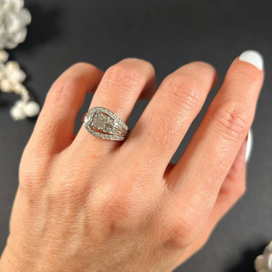 Vintage Emerald Cut Diamond Set Belt Buckle Ring