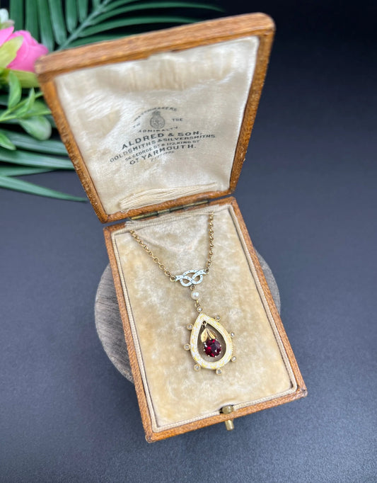Antique 15ct Gold, Edwardian Garnet, Diamond, Seed Pearl & Enamel Teardrop Pendant Necklace