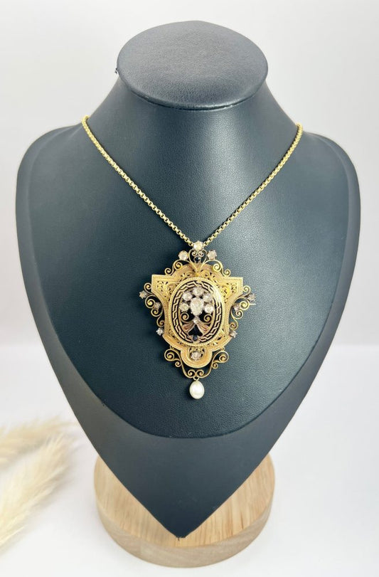 Antique Diamond, Enamel And Pearl Brooch In 18 Carat Yellow Gold