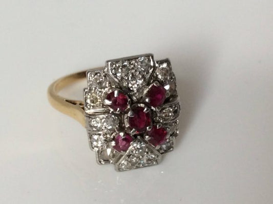 Antique Art Deco Ruby and Diamond Plaque Ring, 18ct Gold, c.1920