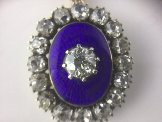 Antique Georgian Diamond and Blue Enamel Guilloche Pendant