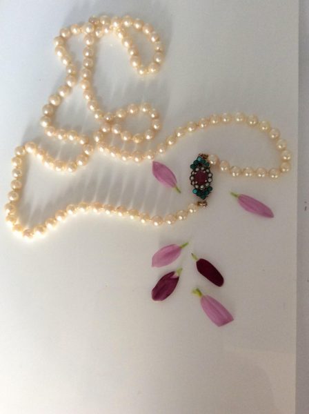 Antique Art Deco Pearl Necklace with Ruby, Turquoise and Pearl Clasp