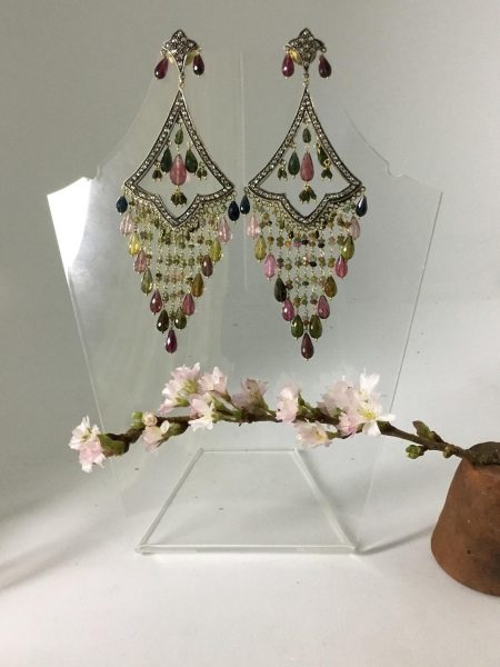 Dramatic Vintage Diamond and Tourmaline Chandelier Earrings