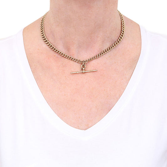 Edwardian Antique 9ct Rose Gold Curb Link Albert Chain Necklace with T-Bar