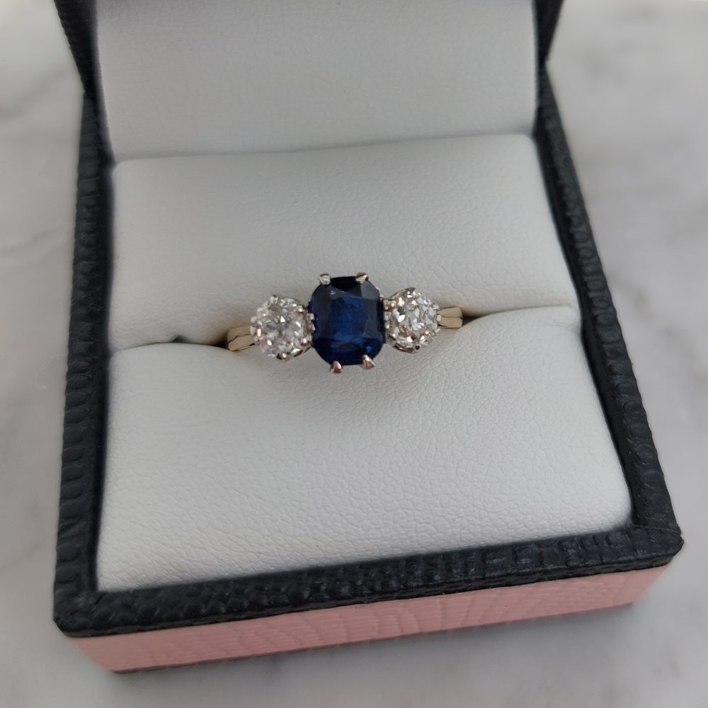 Edwardian Antique 1.16ct Sapphire and Diamond Three Stone Ring