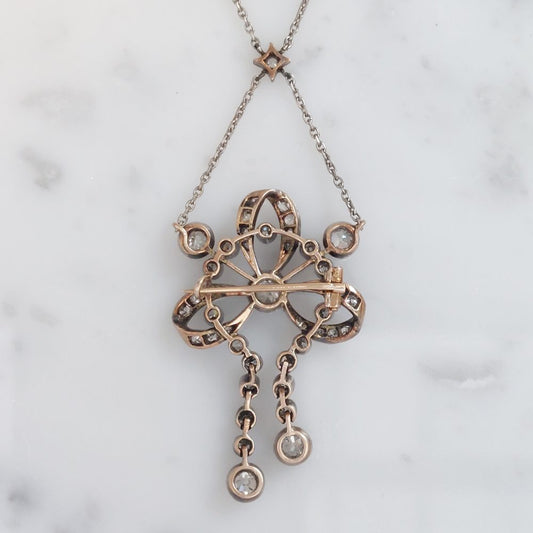 Edwardian Antique Diamond Brooch Pendant Necklace, 3cts
