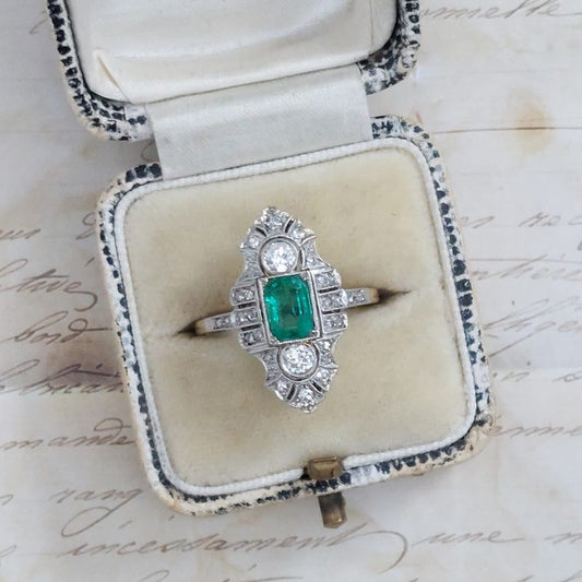 Edwardian Antique Emerald and Diamond Dress Ring