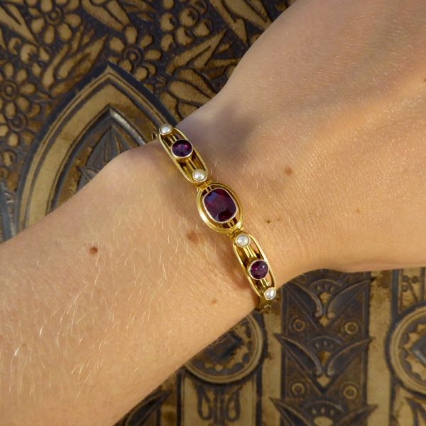 Edwardian Antique Garnet and Pearl Gold Bracelet