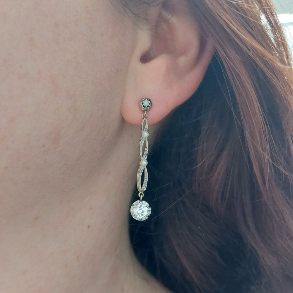 Edwardian Antique Old Cut Diamond and Pearl Drop Earrings