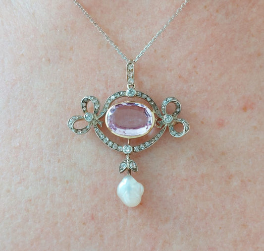 Edwardian Antique Pink Topaz and Diamond Brooch Pendant