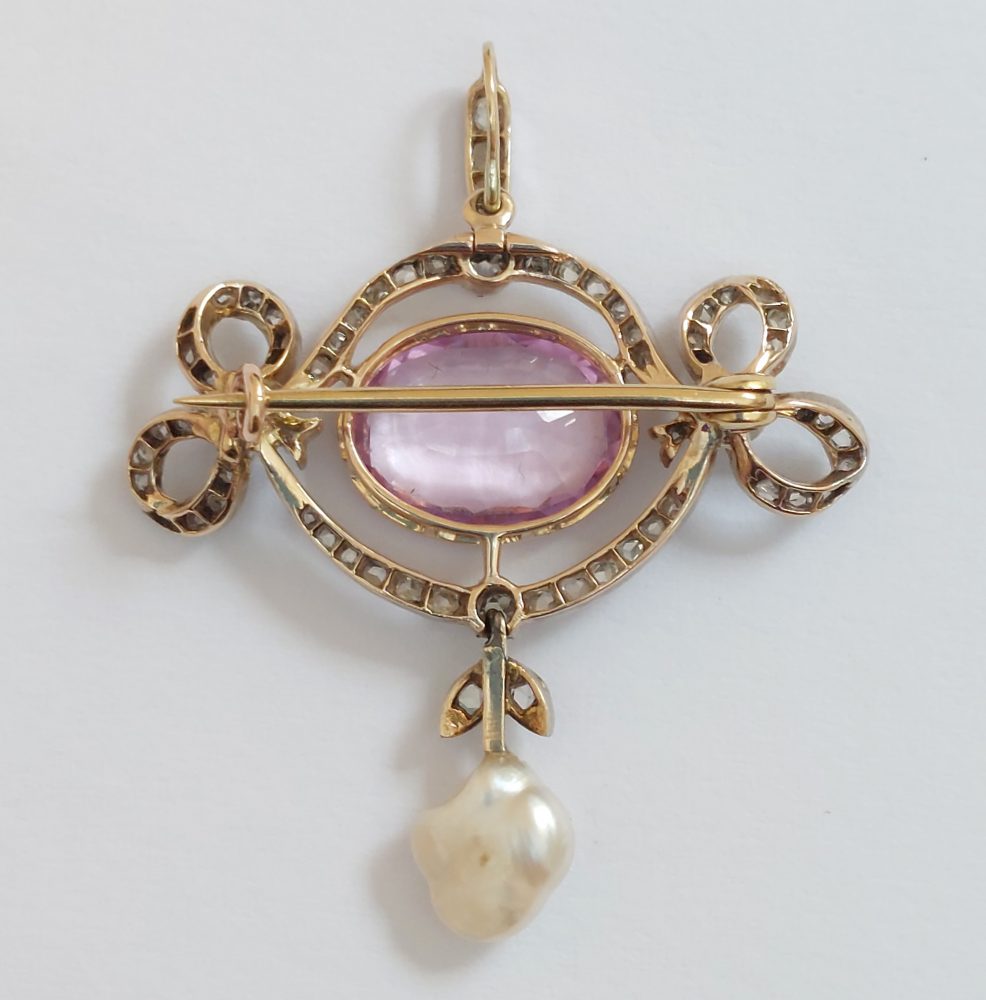 Edwardian Antique Pink Topaz and Diamond Brooch Pendant