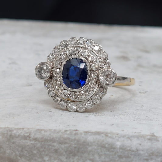 Antique French Sapphire and Diamond Double Cluster Ring