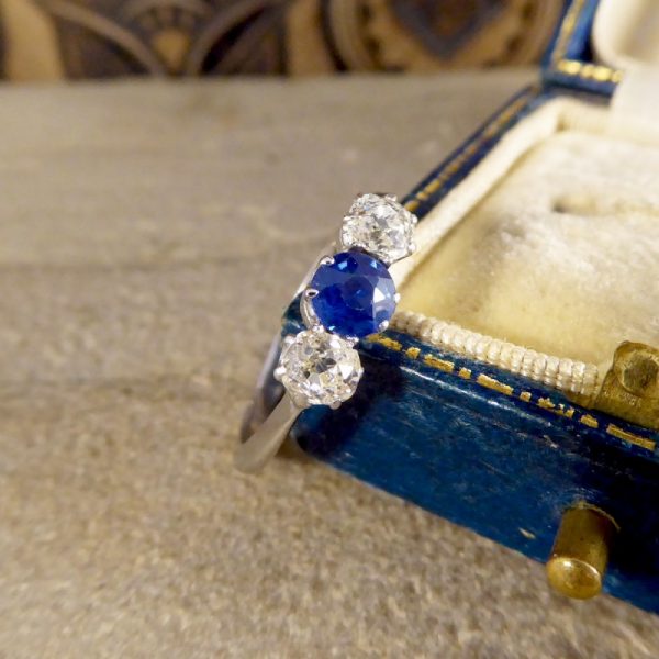 Edwardian Antique Sapphire and Old Cut Diamond Three Stone Ring
