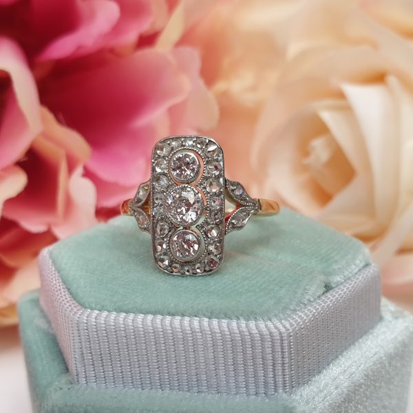 Edwardian Antique Three Stone Diamond Plaque Ring