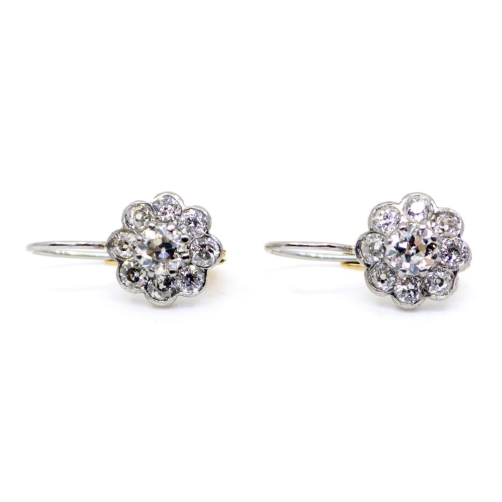 Edwardian Style Diamond Cluster Platinum and Gold Earrings