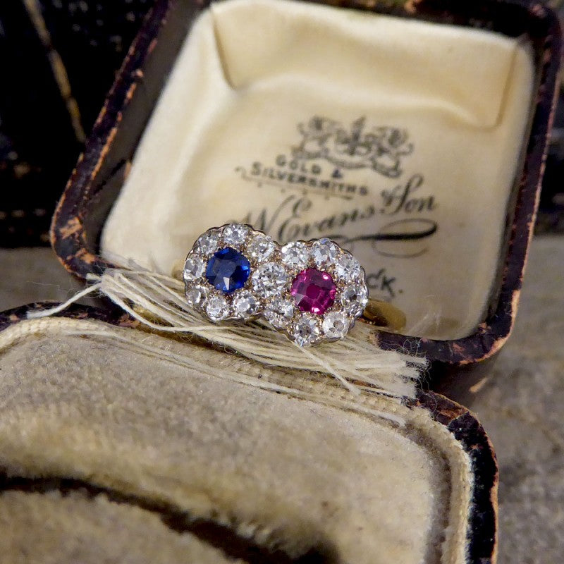 Edwardian Double Sapphire and Ruby Diamond Daisy Cluster Ring