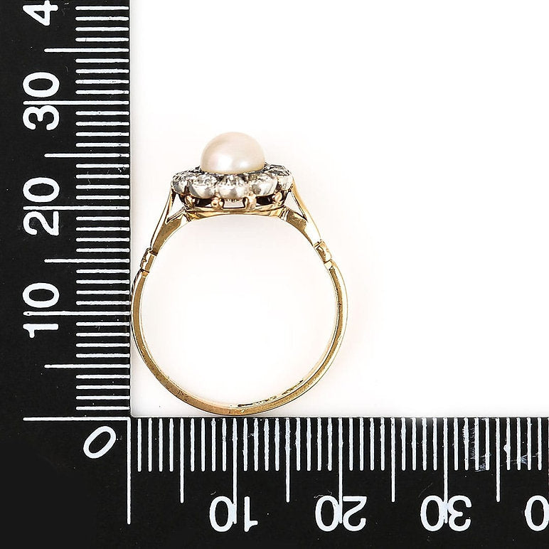 Antique Edwardian Pearl and Old Cut Diamond Cluster Engagement Ring