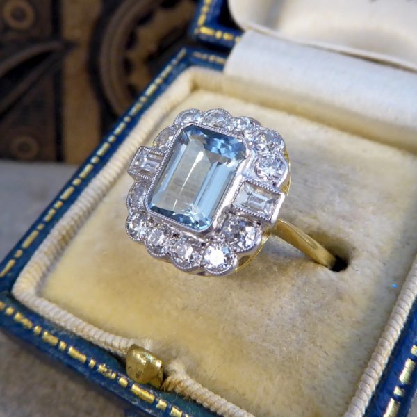 Edwardian Style Aquamarine 1.50ct and Diamond Cluster Ring
