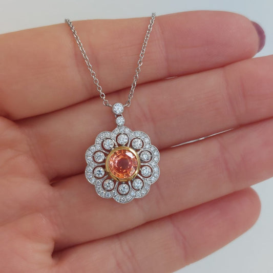 Edwardian Style Orange Sapphire and Diamond Pendant Necklace