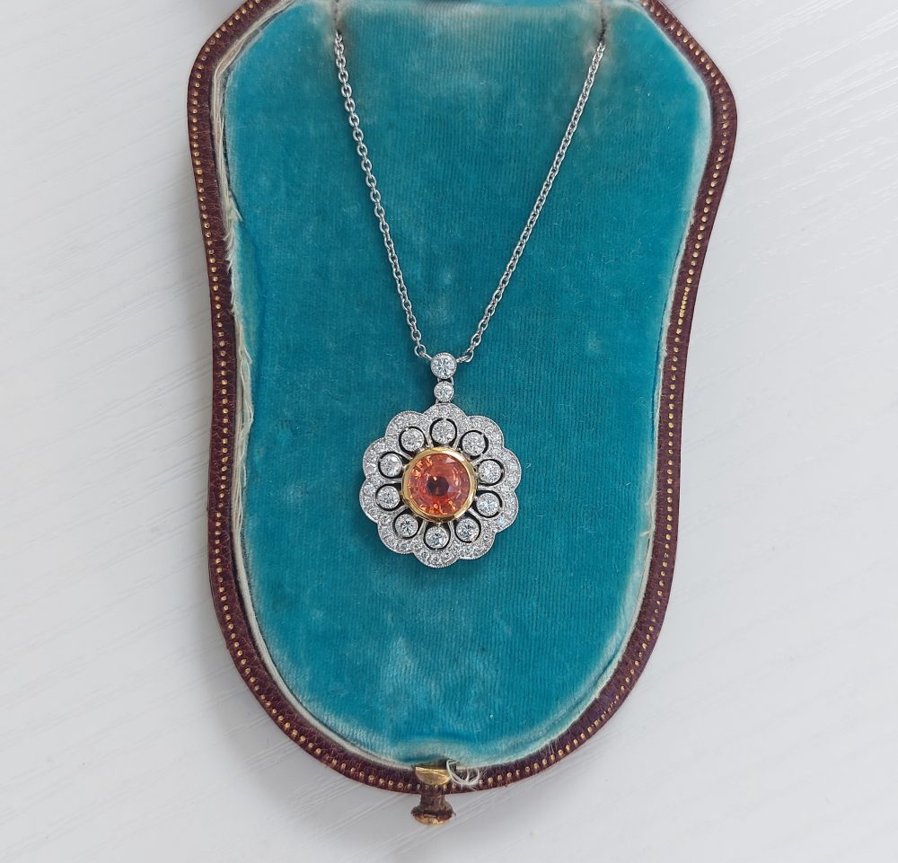 Edwardian Style Orange Sapphire and Diamond Pendant Necklace