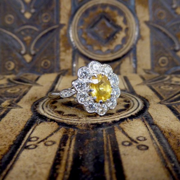 Edwardian Style Yellow Sapphire and Diamond Cluster Ring