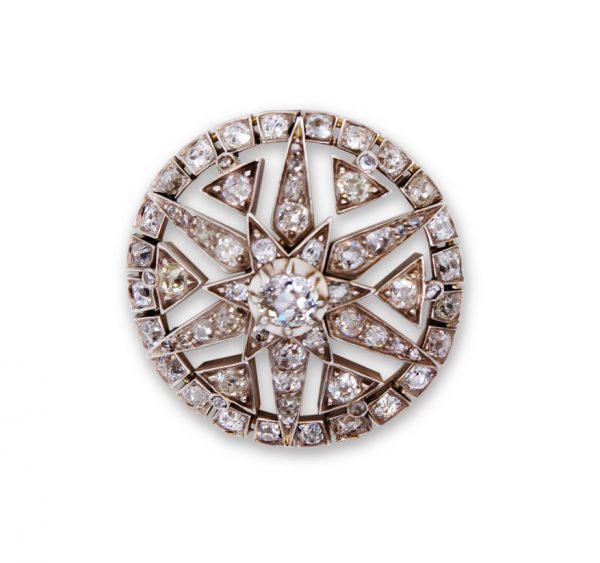 Antique Edwardian Old-Cut Diamond Target Brooch, set in Silver and Gold