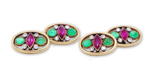Antique Edwardian Diamond Ruby and Emerald Cufflinks, 18ct Yellow Gold