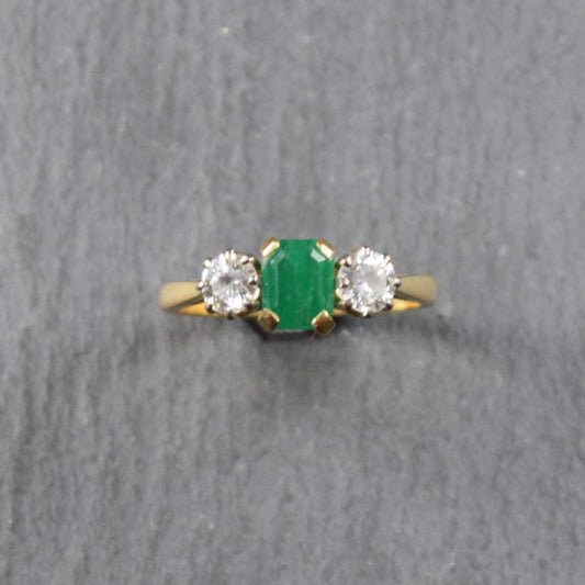 Vintage Emerald and Diamond Three Stone Ring in 18ct Gold