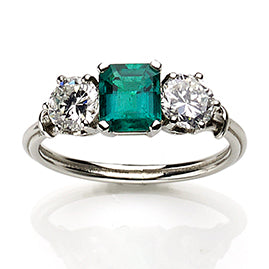 Emerald & Diamond Three Stone Platinum Ring