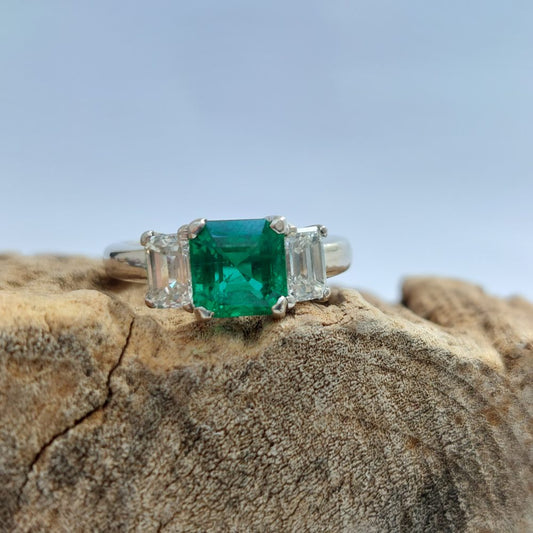 1.65ct Emerald and Diamond Three Stone Ring