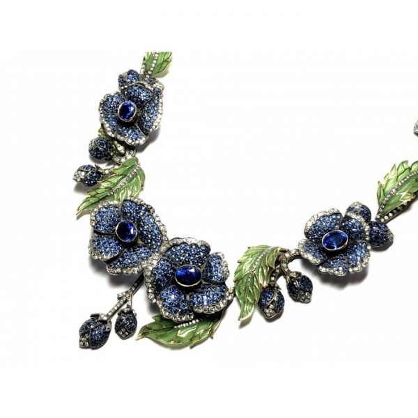 Enamel Sapphire Diamond Flower Necklace