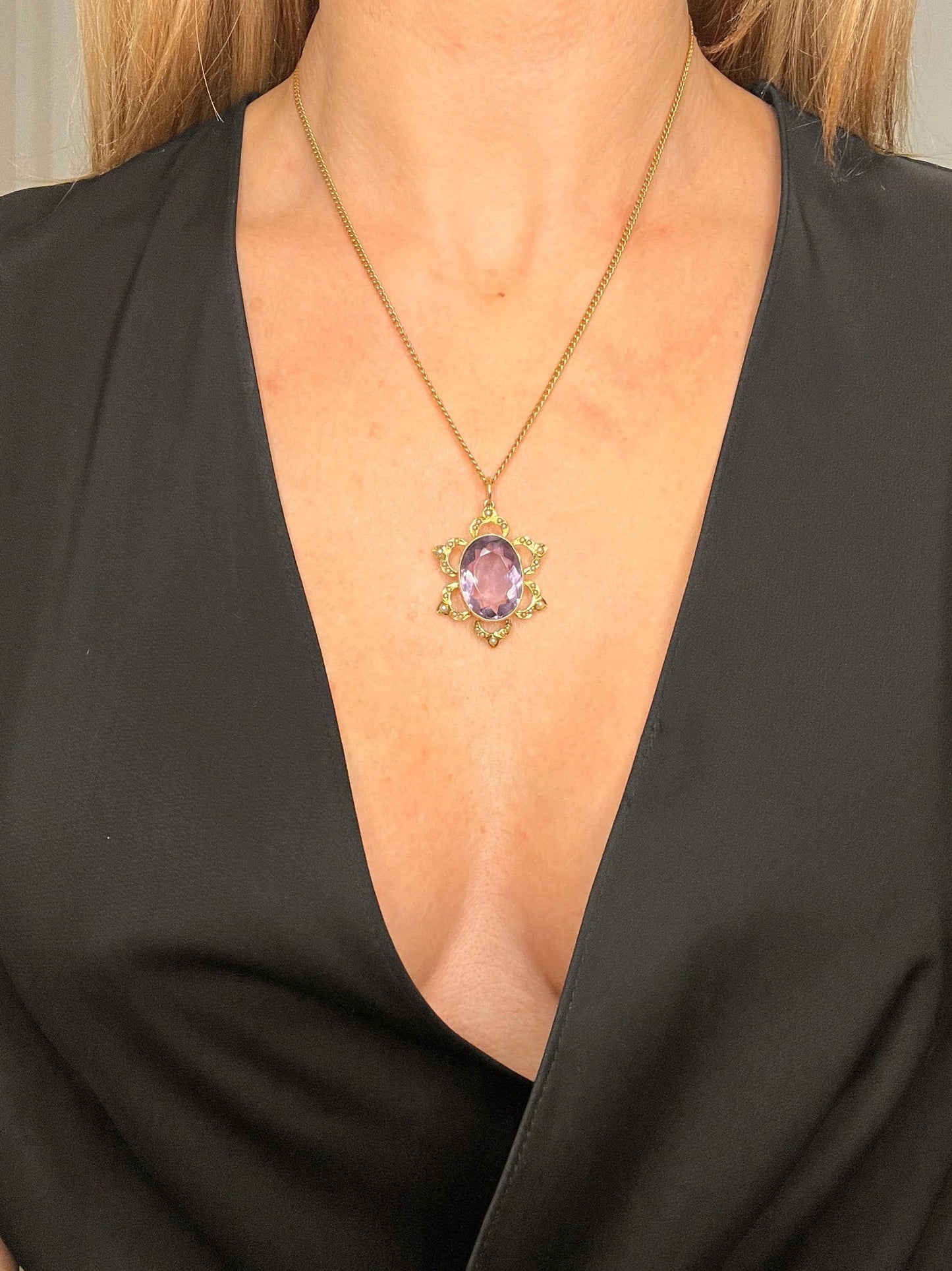Antique 15 ct Yellow Gold, Edwardian Large Oval Faceted Amethyst And Seed Pearl Pendant
