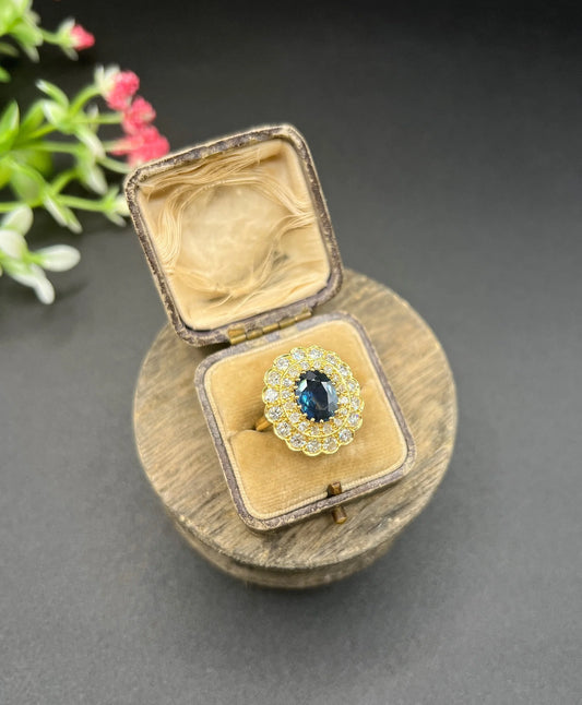 Vintage 18 Carat Yellow Gold 2 Carat Sapphire And Diamond Tiered Cluster Ring