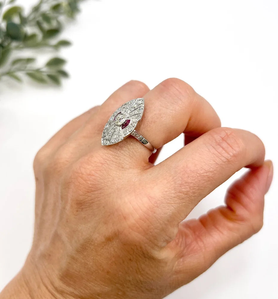 Vintage Diamond and Ruby Cluster Marquise Navette Shaped Ring