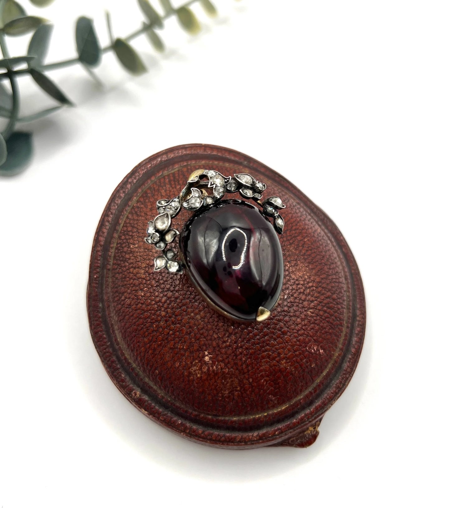Early Victorian Antique Cabochon Garnet and Diamond Locket Pendant in Original Henry Tessier Box