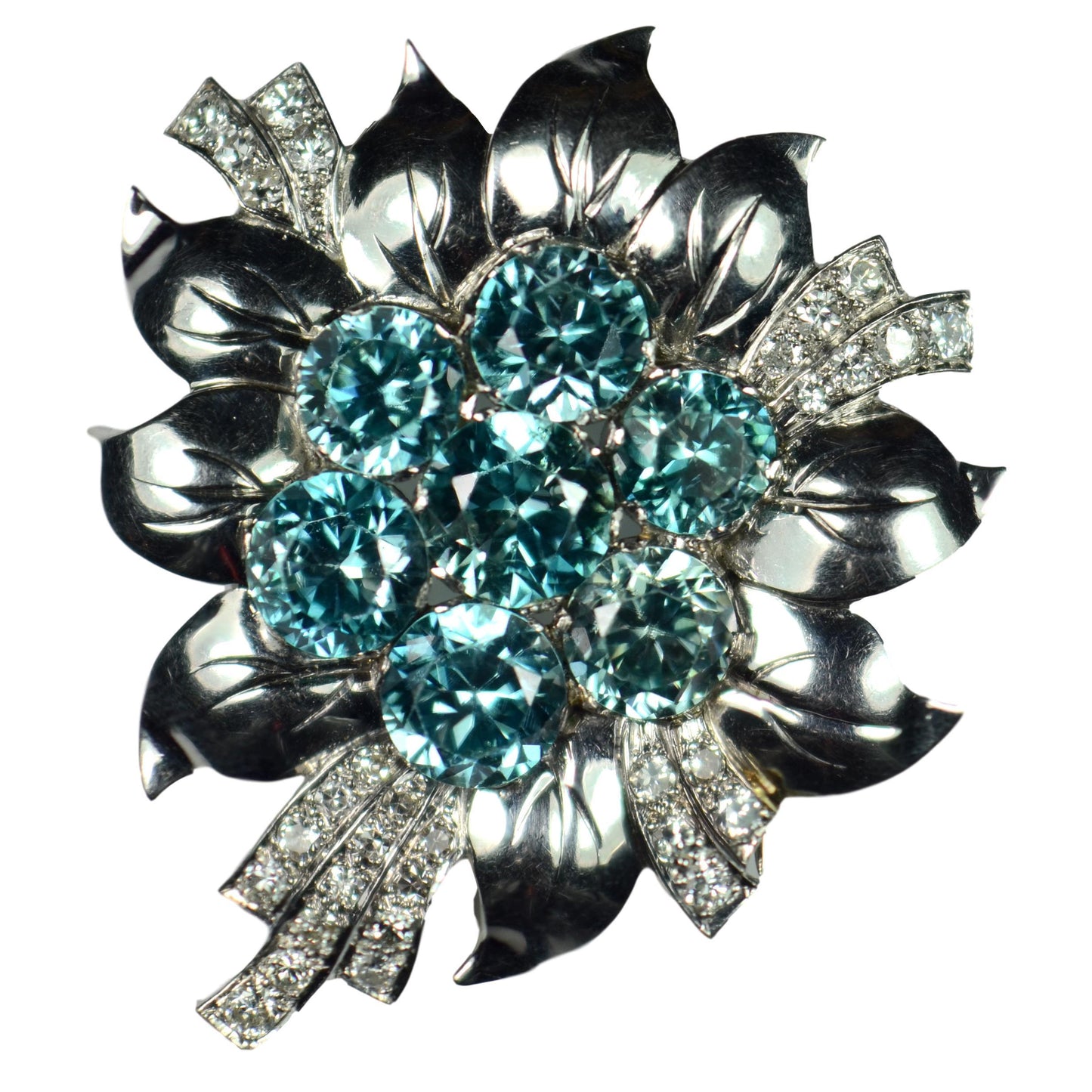 Vintage Blue Zircon, Diamond and Platinum Flower Brooch