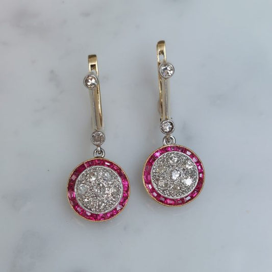 French Antique Art Deco Ruby and Diamond Target Drop Earrings