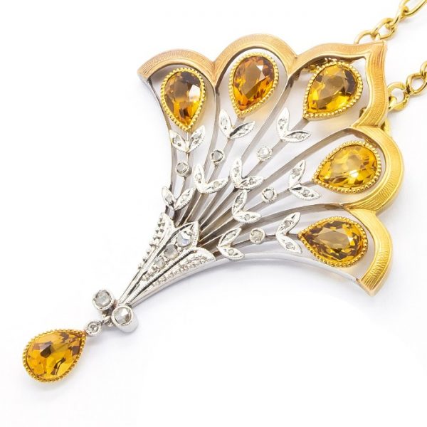 French Antique Art Nouveau Citrine Diamond Pendant Necklace
