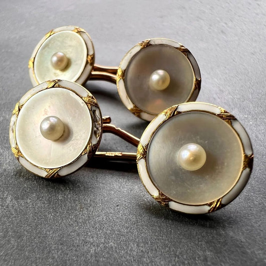 French Gold Mother of Pearl and Enamel Cufflinks