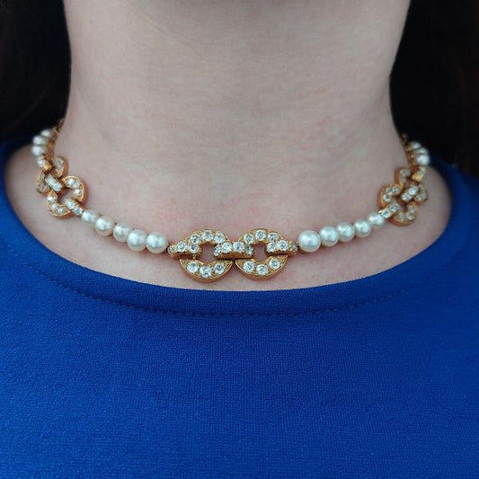French Natural Pearl and Diamond Collar Necklace