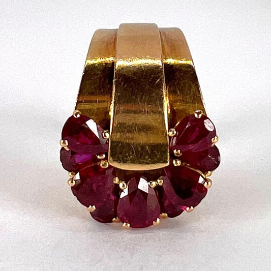 French Retro Ruby and Gold Buckle Ring