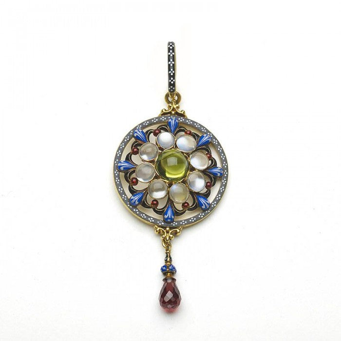 GIULIANO ENAMEL, PERIDOT, MOONSTONE, GARNET AND GOLD PENDANT