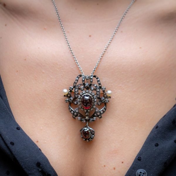 On Model Antique Garnet Diamond and Pearl Pendant