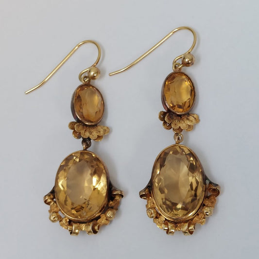 Antique Georgian 35cts Citrine Drop Earrings in 15ct Gold