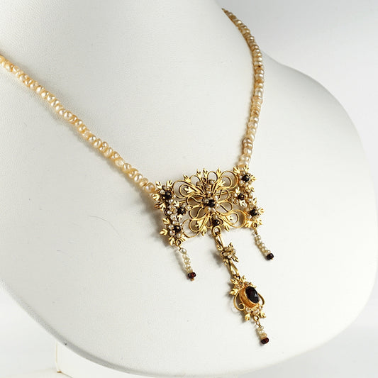 Georgian Gold Cannetille Garnet and Natural Pearl Necklace