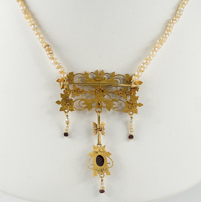 Georgian Antique 18ct Yellow Gold Cannetille Brooch Pendant Necklace with Natural Pearls and Garnets
