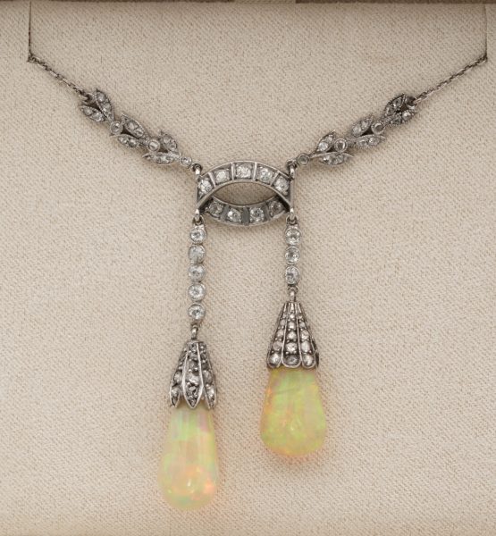 Antique Edwardian Rare Australian Opal Drop Diamond Platinum Negligee Necklace