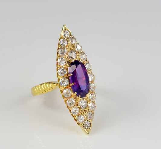 Antique Victorian 1.80ct No Heat Purple Ceylon Sapphire and 2.0ct Diamond Navette Ring