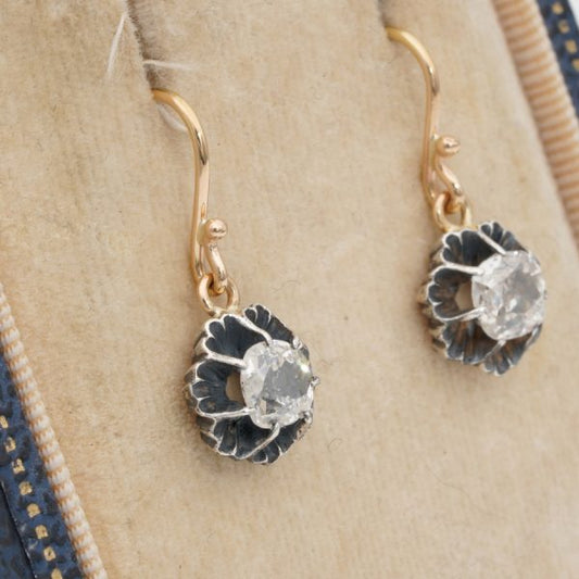 Antique Victorian 1.40ct Cushion Cut Diamond Solitaire Drop Earrings